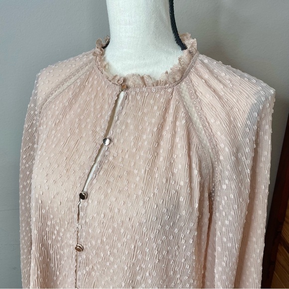 Keepsake Blush Pink Sheer Swiss Dot Peasant Open Front Button Up Blouse Small 4 - Picture 4 of 11